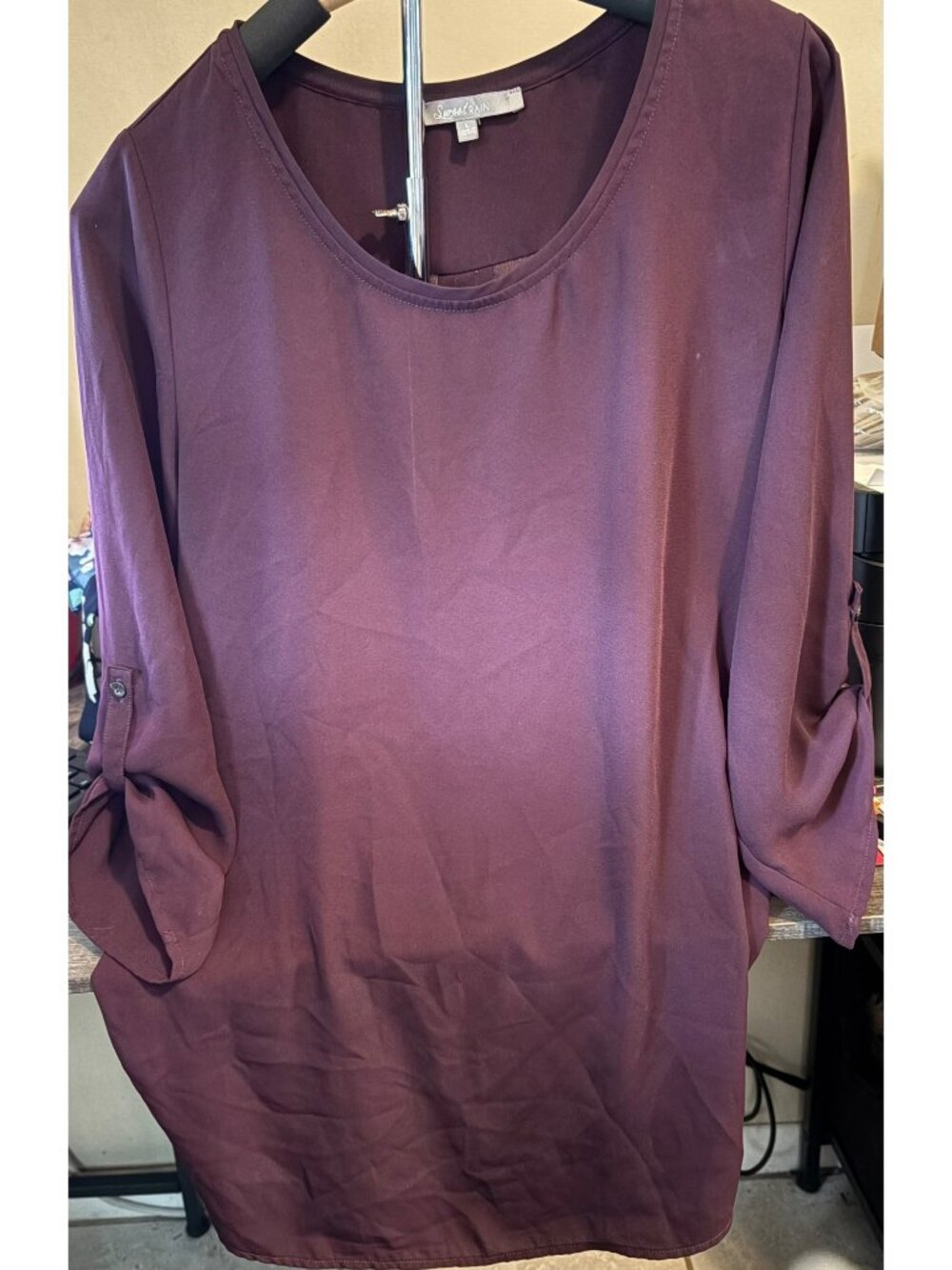 Sweet Rain Womens Burgundy Tunic Size L 3/4 Roll Tab Sleeves 100% Polyester